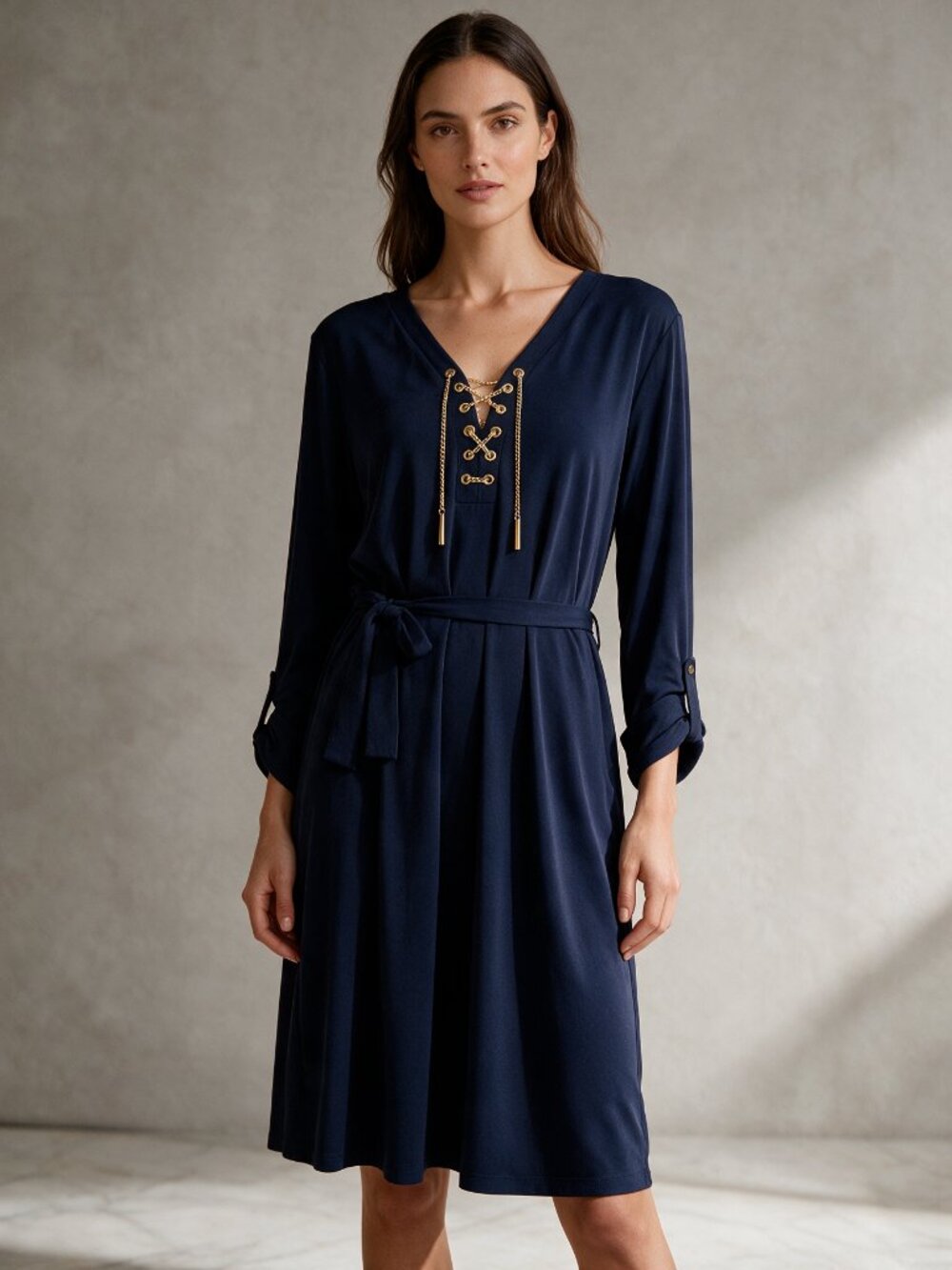 Michael Kors Shirt Dress, Navy/Gold trim, Size L